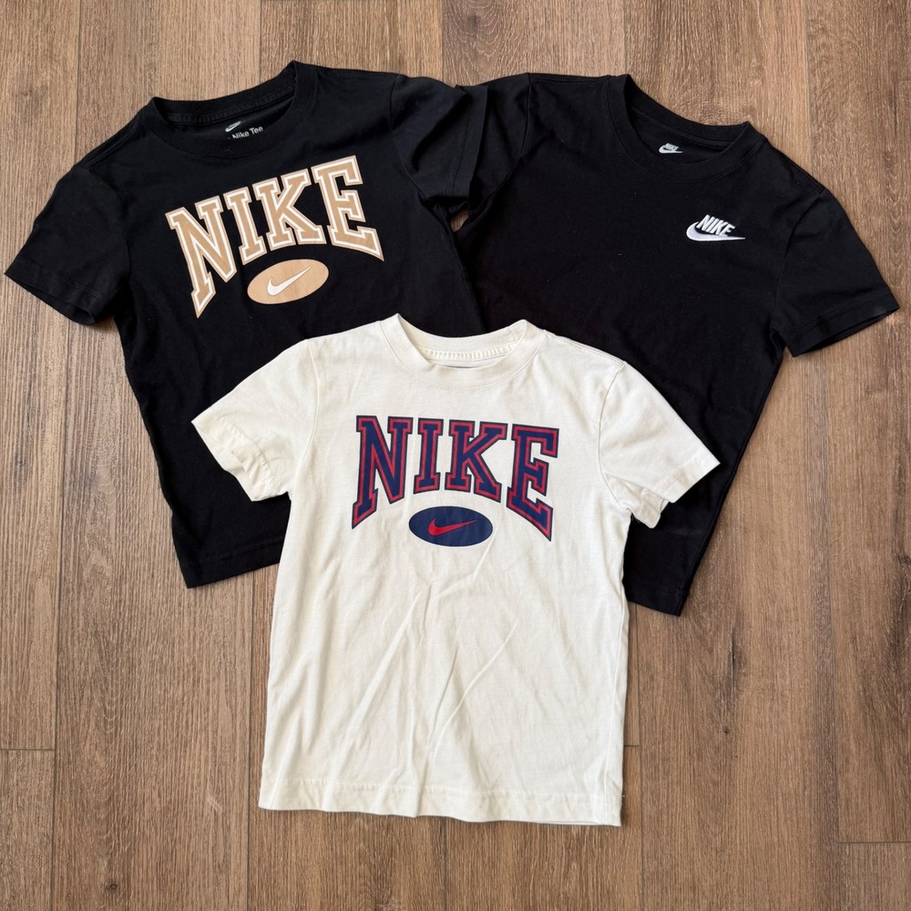 Nike Graphic T-Shirt Bundle Boys Siz 6 Black White Varsity Swoosh Lot of 3